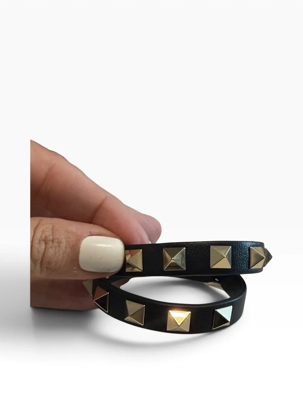 NWT! Valentino Garavani Black Leather Double Wrap Gold Studded Bracelet with Box